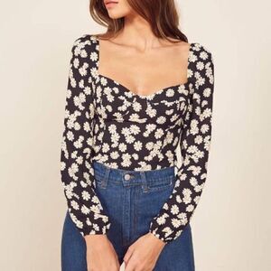 Reformation Reign Black Crop Top Blouse Daisy Floral Size 0